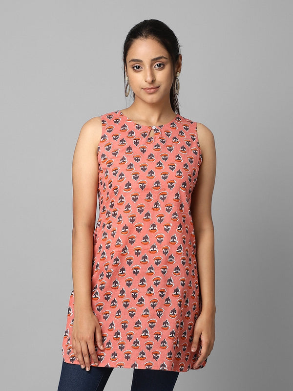 Women's Pink And Orange Floral Printed Tunic - Azira