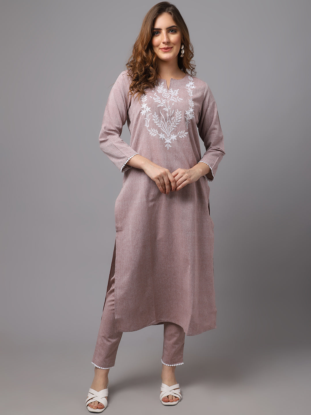 Women's Pastle Brown Embroidered Kurta Set - Noz2Toz