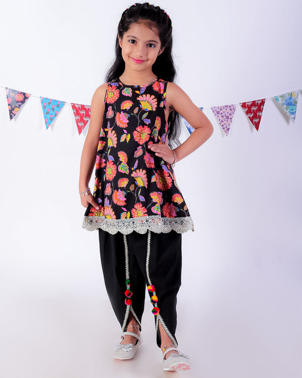 Girl's Black Cotton Jaipuri Print Kurta Dhoti Set - Lil Drama