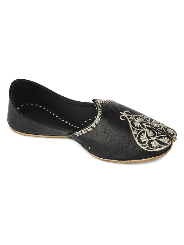 Men's Indian Ethnic Handrafted Embroidered Black Premium Leather Footwear - Desi Colour