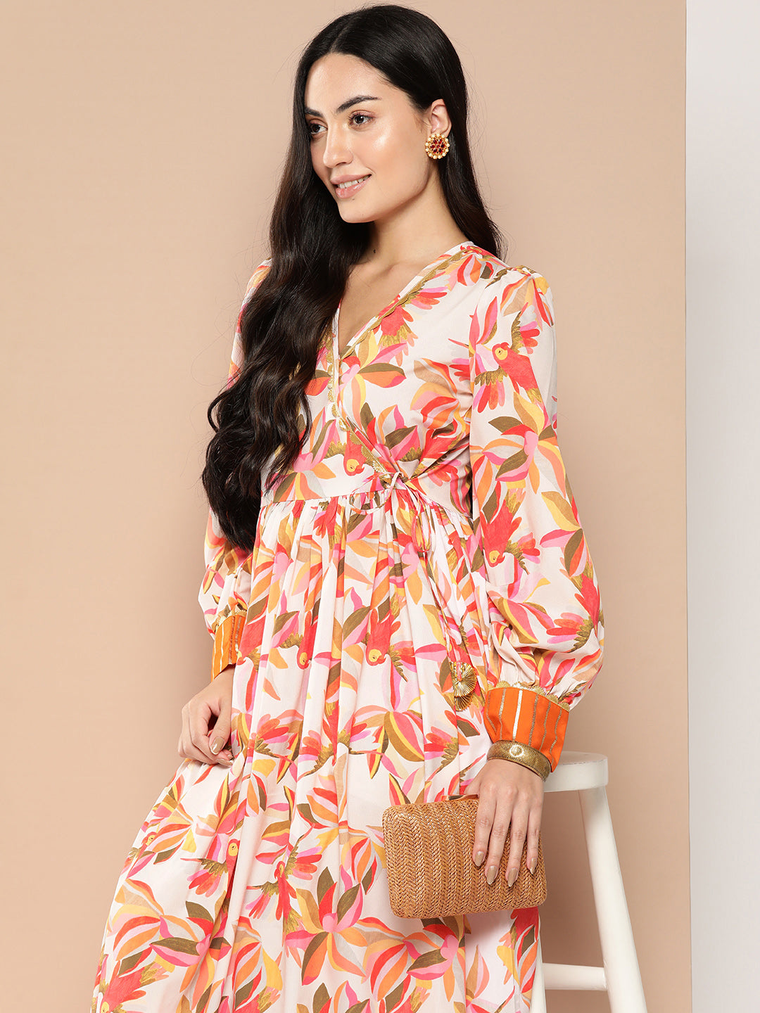 Women's Floral Printed Tie-Ups Crepe Empire Ethnic Dress - Ahalyaa