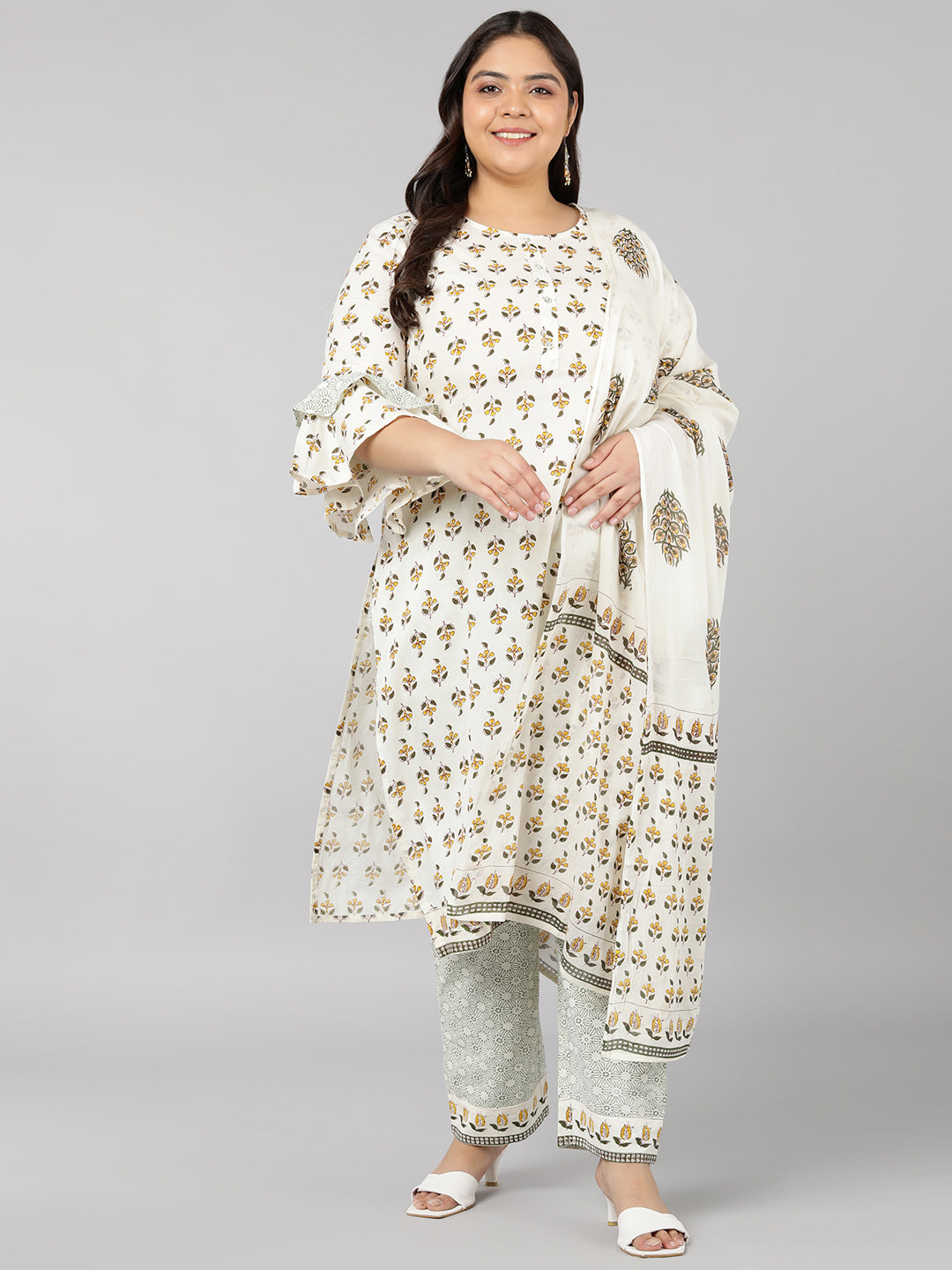 Women's Cotton Floral Print Straight Kurta Set (White) - Kipek