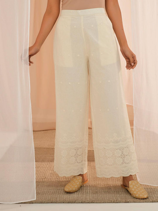 Off White Embroidered Cotton Wide Leg Palazzos - Jashvi