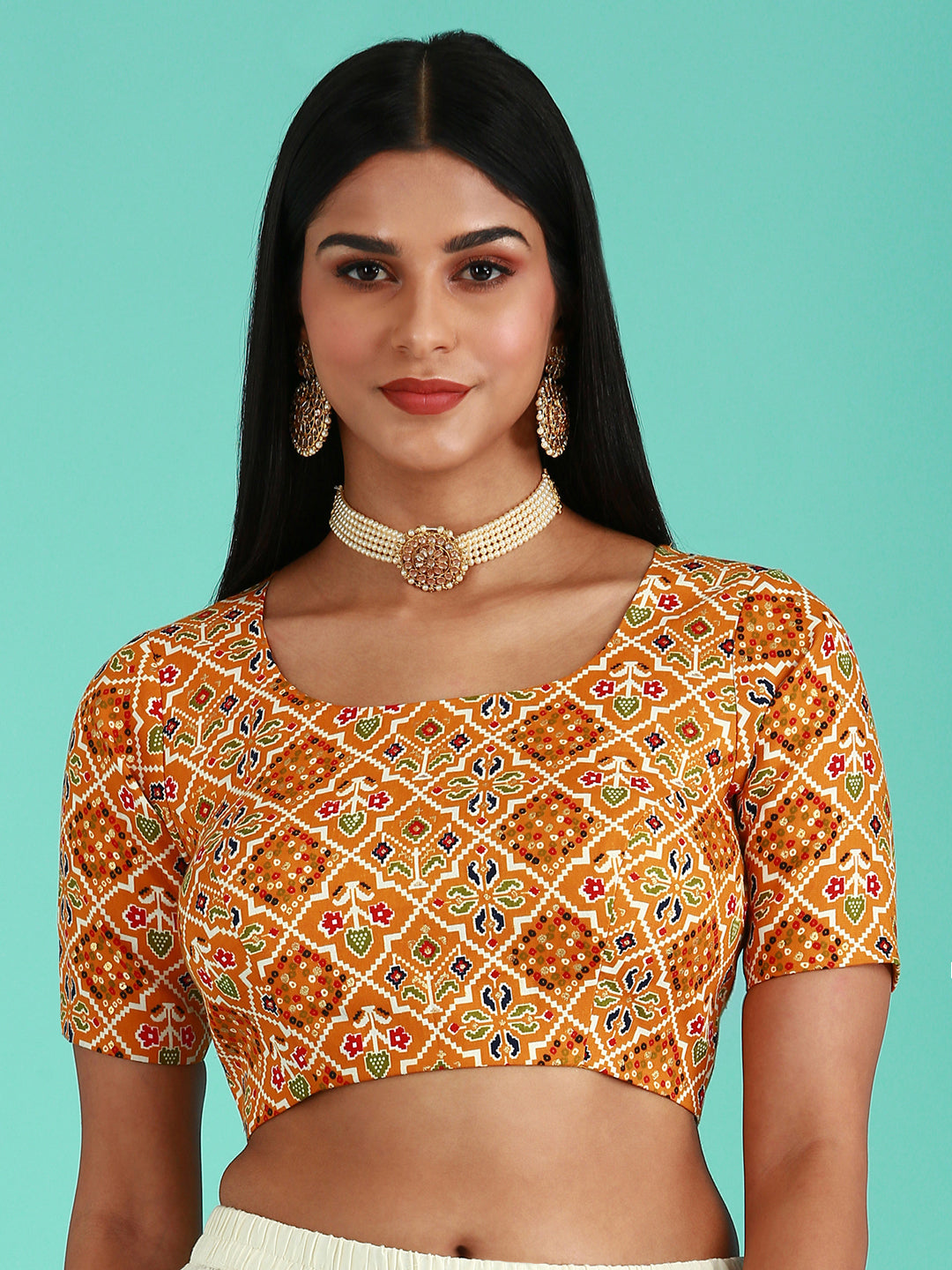 Women's Mustard-Toned Cotton Silk Applied Foil And Patola Print Readymade Blouse - Royal Dwells