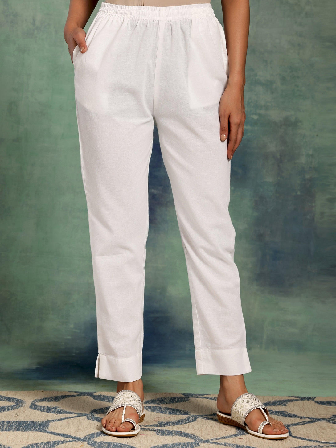 White Solid Cotton Straight Fit Trousers - Jashvi