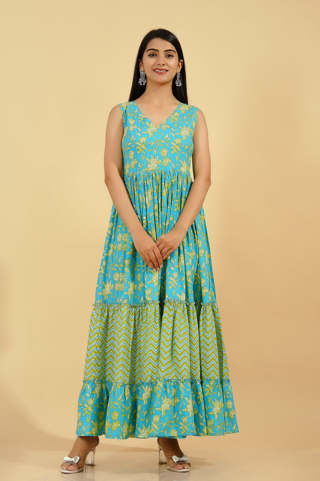 Women's Cotton Printed Flared Kurta (Blue & Green) - Kipek