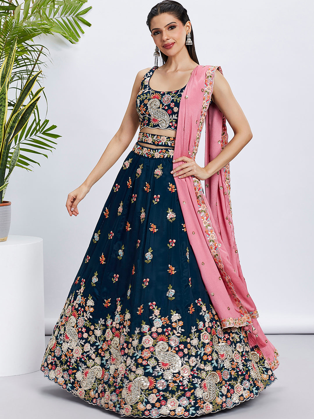 Women's Navy Blue Organza Sequins And Thread Embroidery Lehenga Choli & Dupatta - Royal Dwells