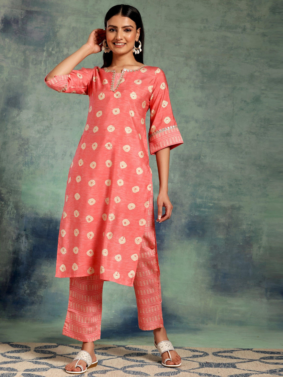 Peach Printed Silk Blend Straight Kurta Set - Jashvi