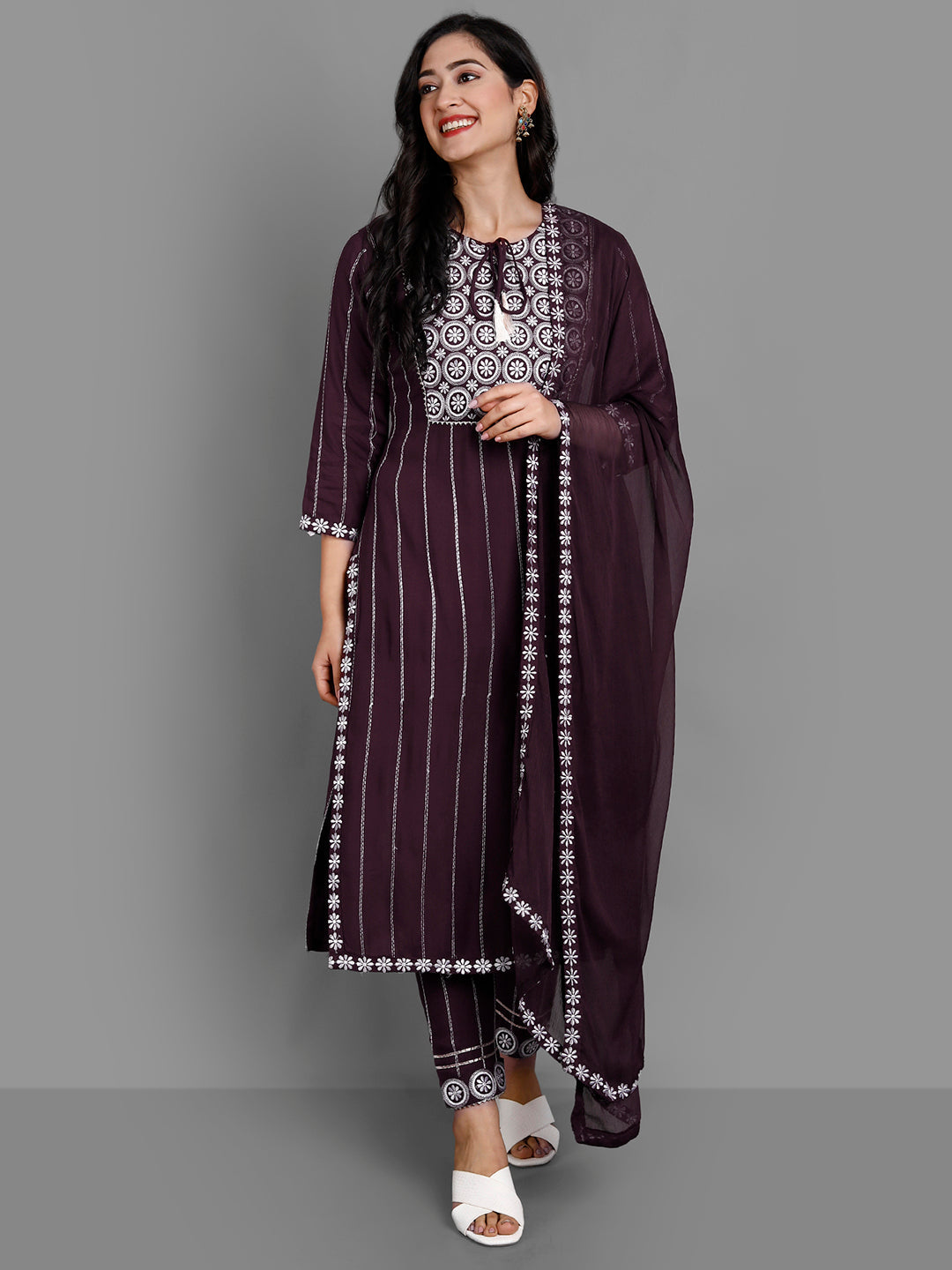 Women's Purple Rayon Kurta Pant And Dupatta Set - Noz2Toz