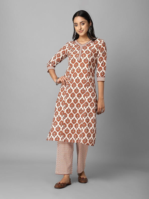 Women's Beige And Brown Ethnic Printed Side Slit Straight Kurta With Palazzo Set - Azira