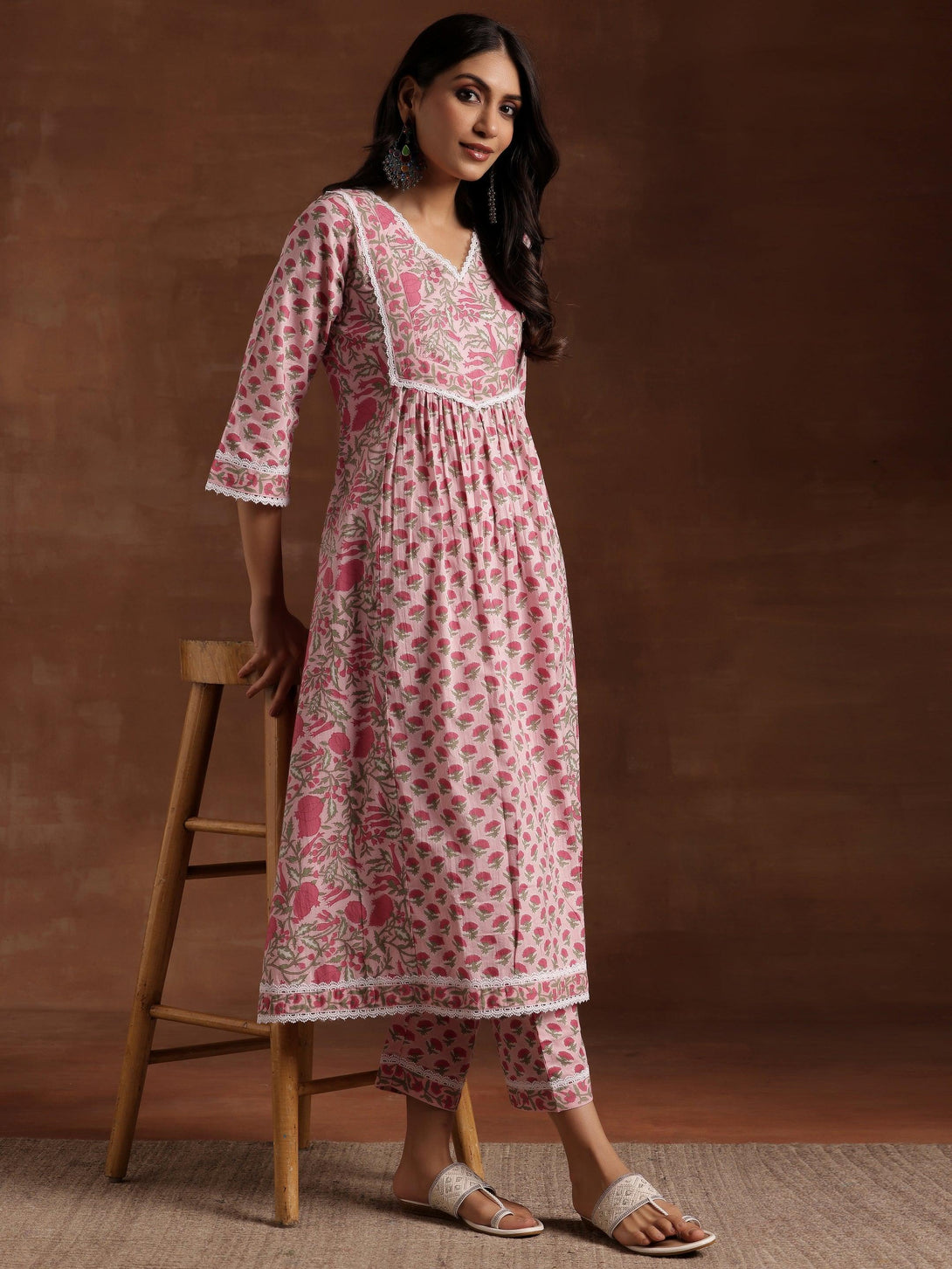 Pink Printed Cotton A-Line Kurta With Palazzos - Jashvi