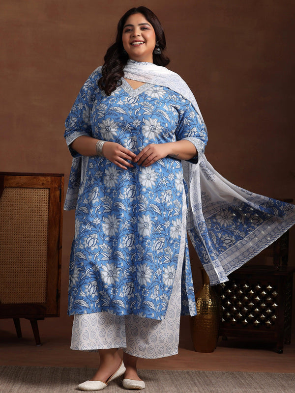 Plus Size Blue Printed Cotton Straight Suit With Dupatta