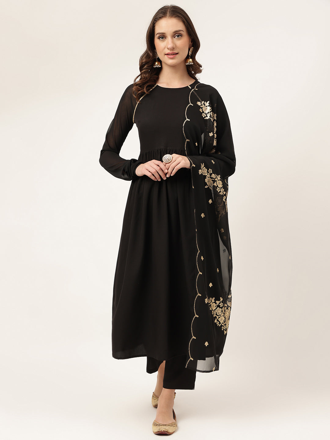 Women's Black Poly Crepe Flared Kurta Pant With Dupatta - Fiorra