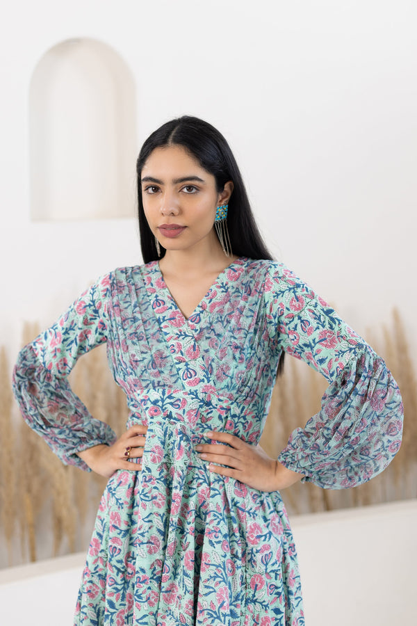 Blue Floral Printed Gown For Women By Saras The Label- (1Pc Set)