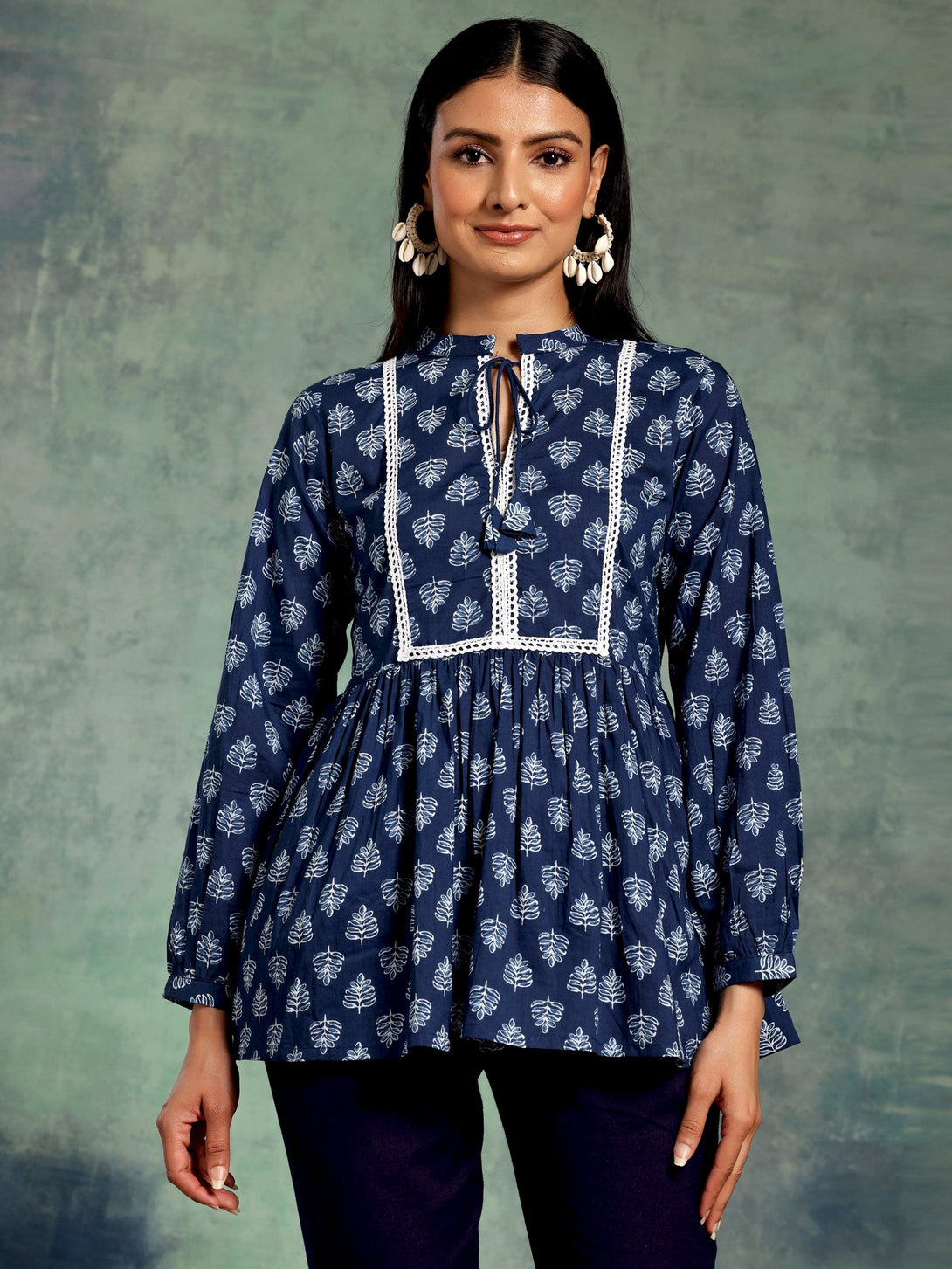 Blue Yoke Design Cotton A-Line Kurti - Jashvi