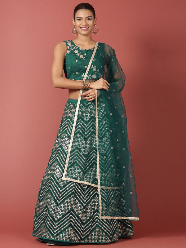 Women's Teal Net Sequinse Work Fully-Stitched Lehenga & Stitched Blouse, Dupatta - Royal Dwells