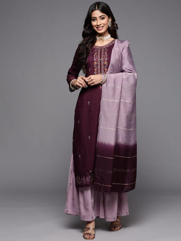 Women Burgundy Ethnic Motifs Embroidered Thread Work Kurta with Trousers & With Dupatta - Varanga