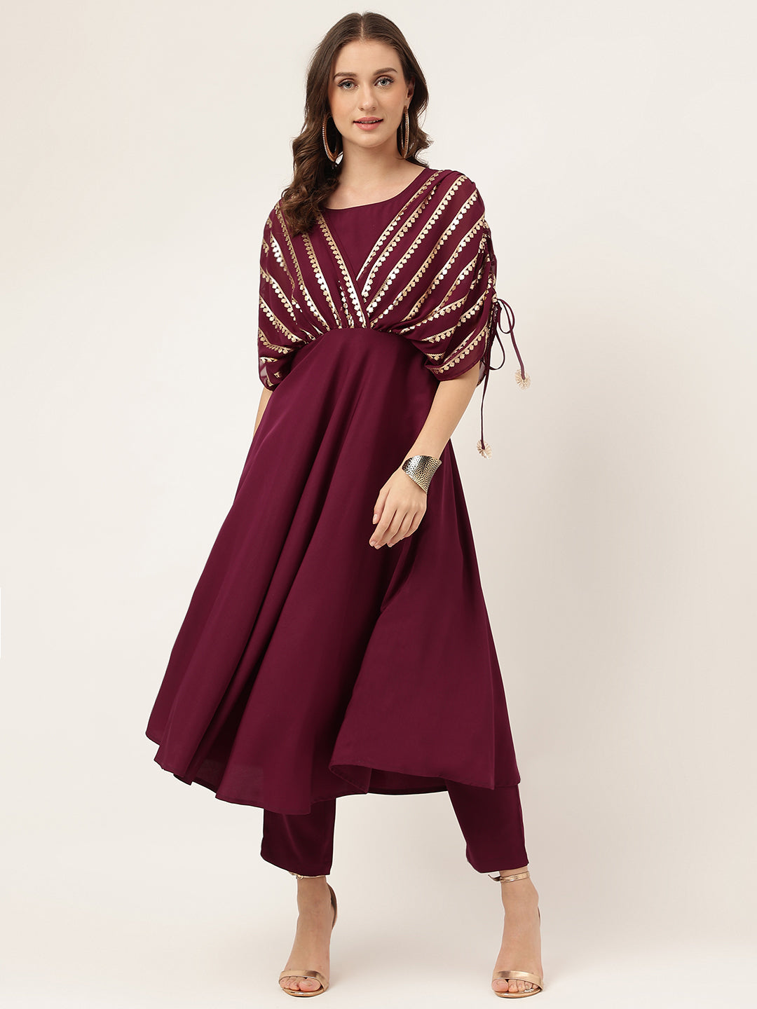 Women's Wine Poly Crepe A-Line Kurta Set - Fiorra