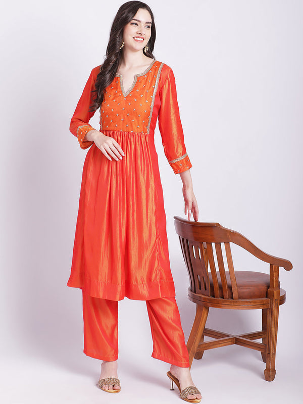 Women's Orange Punch A-Line Kurti With Straight Palazzo - Anokherang