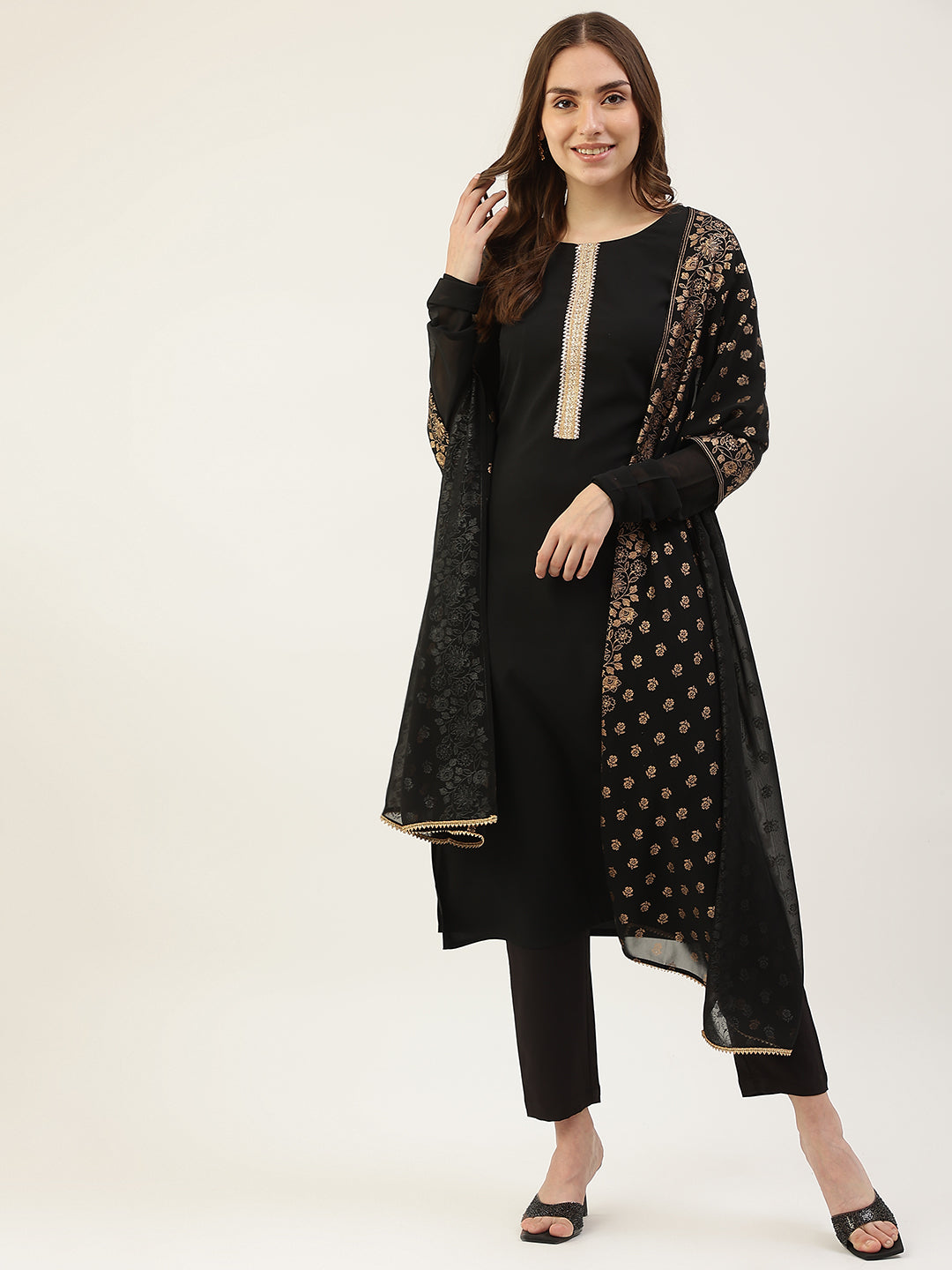 Women's Black Poly Crepe Straight Kurta Pant With Dupatta - Fiorra