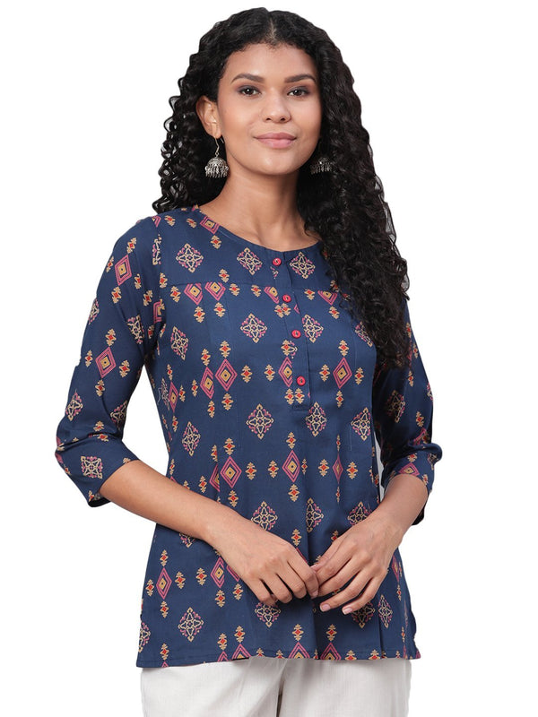 Women Navy Blue Printed Cotton Top by Myshka (1Pc Set)