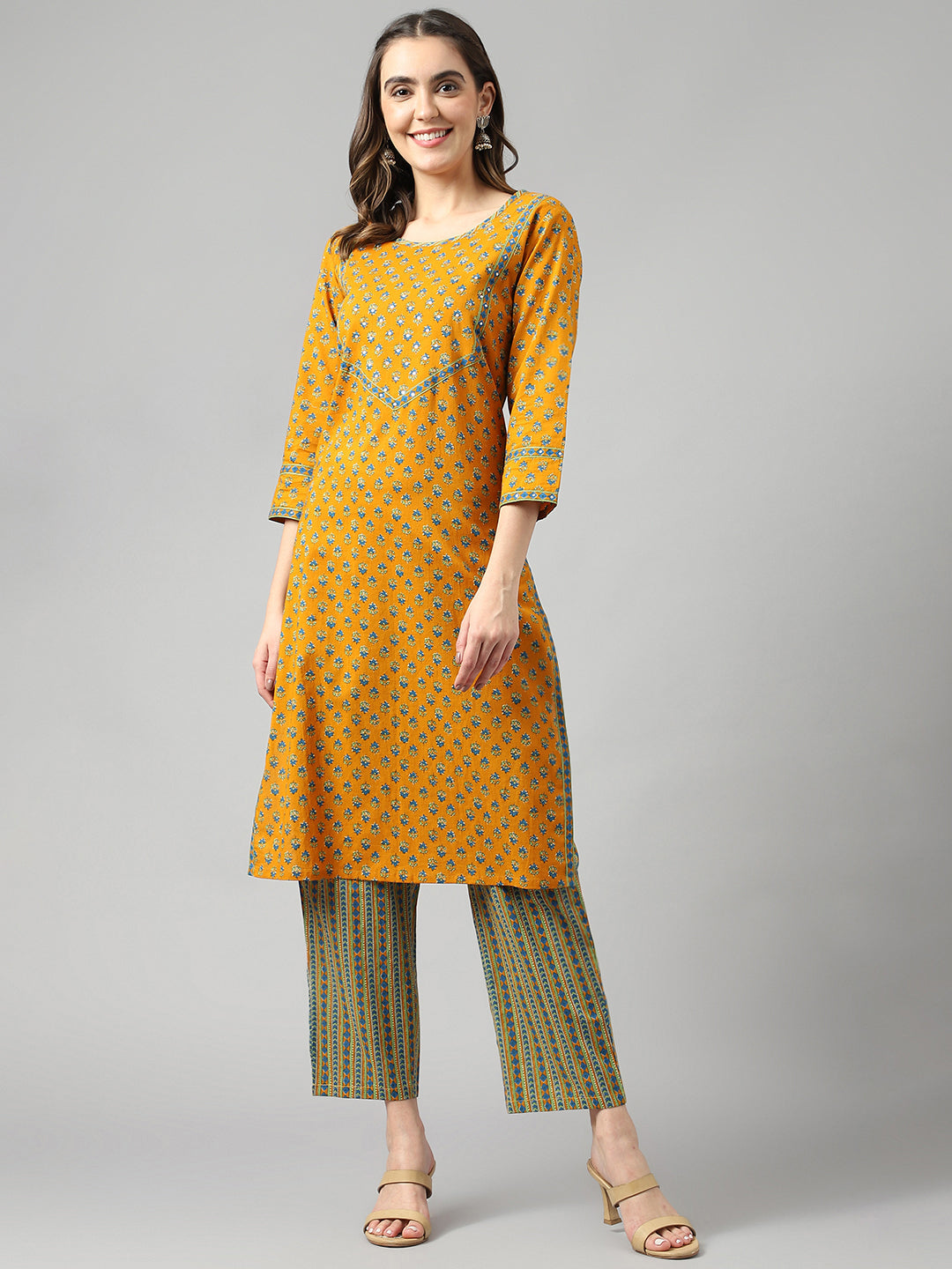 Women's Cotton Mustard Print With Sequence Ethnic Suit Set - Deckedup