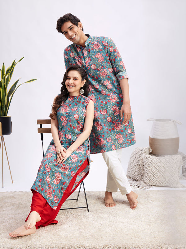 MEN WOMEN 36 - 42 Aqua And White Cotton Men's:Kurta Pyjama Set  Women's:Kurta Set