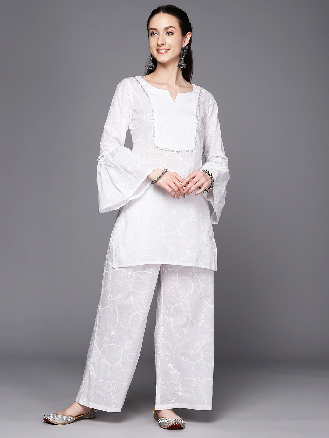 Women's White Pure Cotton Printed Co-Ords - Ahalyaa