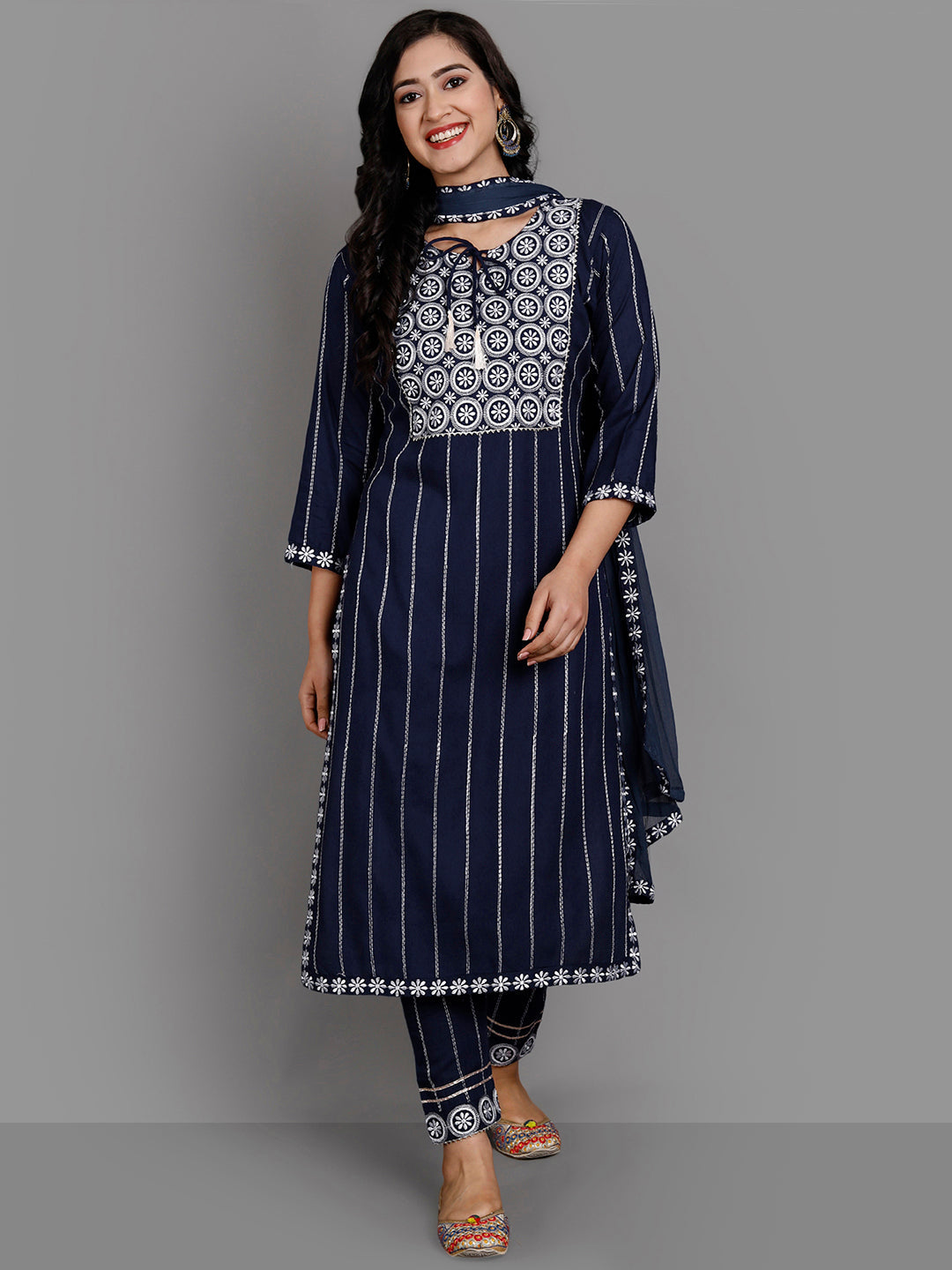 Women's Navy Rayon Kurta Pant And Dupatta Set - Noz2Toz