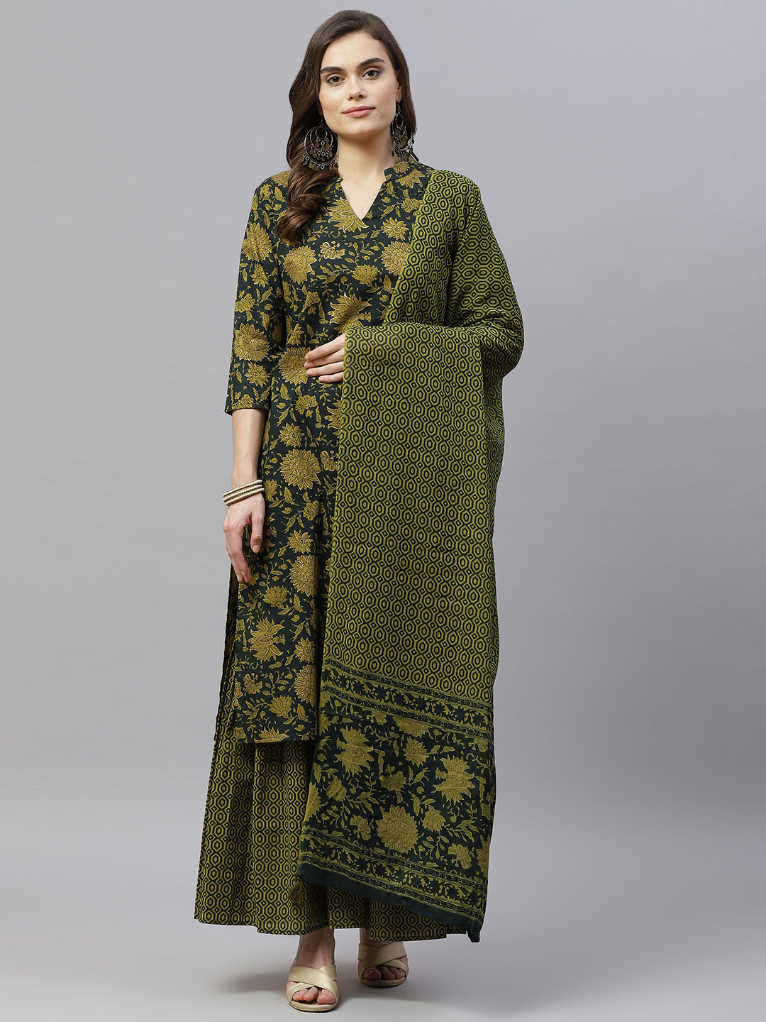 Women's Cotton Floral Straight Kurta & Sharara With Dupatta Set - Miravan