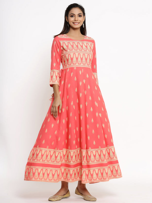 Women's Self Desgin Rayon Fabric Anarkali Peach Color - Kipek