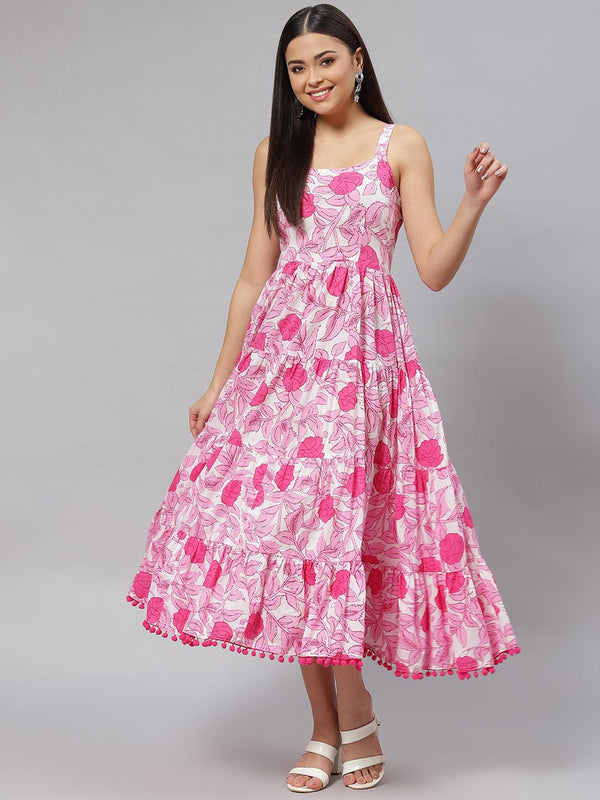 Jashvi white & Pink Floral Shoulder Strip Long Dress