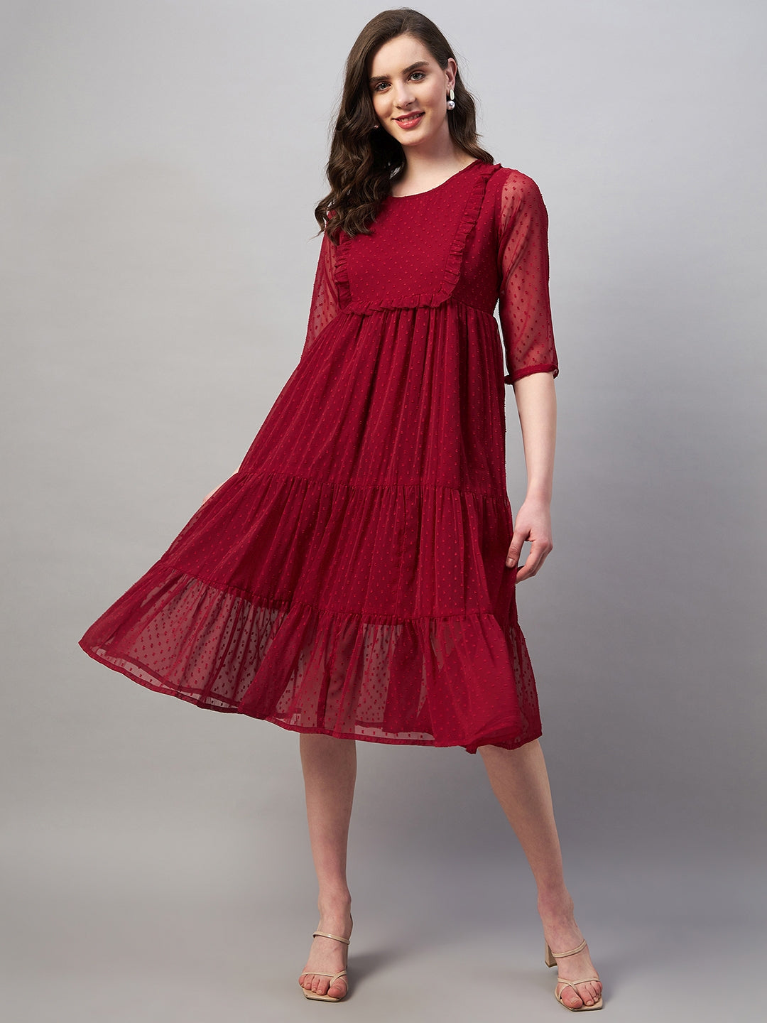 Women's Dobby Weave Yoke Design Tiered Midi Dress - Azira