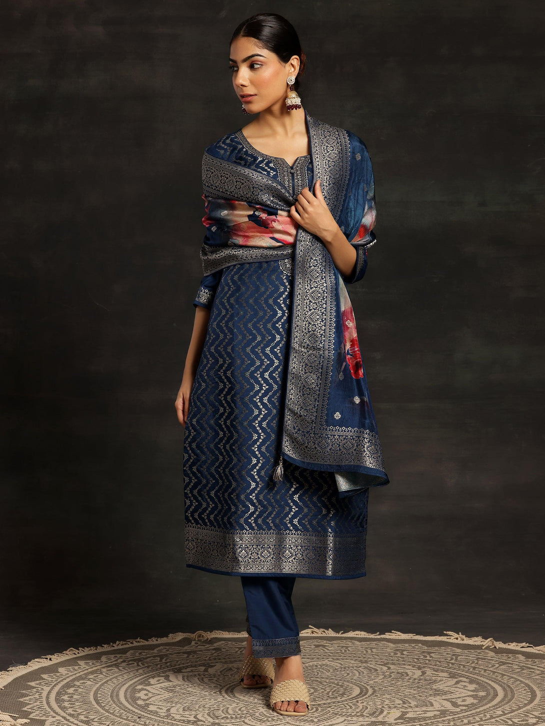 Blue Woven Design Silk Blend Straight Suit With Dupatta - Jashvi