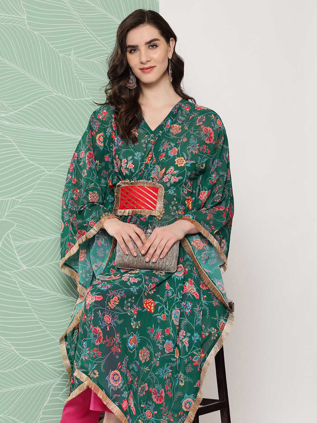 Women's Floral Printed Flared Sleeves Patchwork Georgette Kaftan Kurta - Ahalyaa