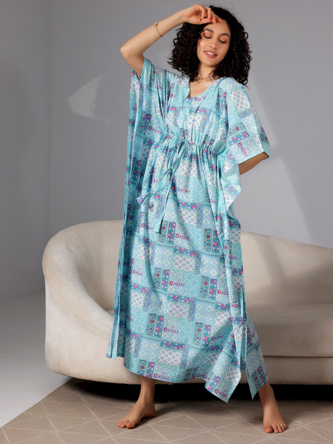 Blue Printed Cotton Kaftan Night Dress - Jashvi