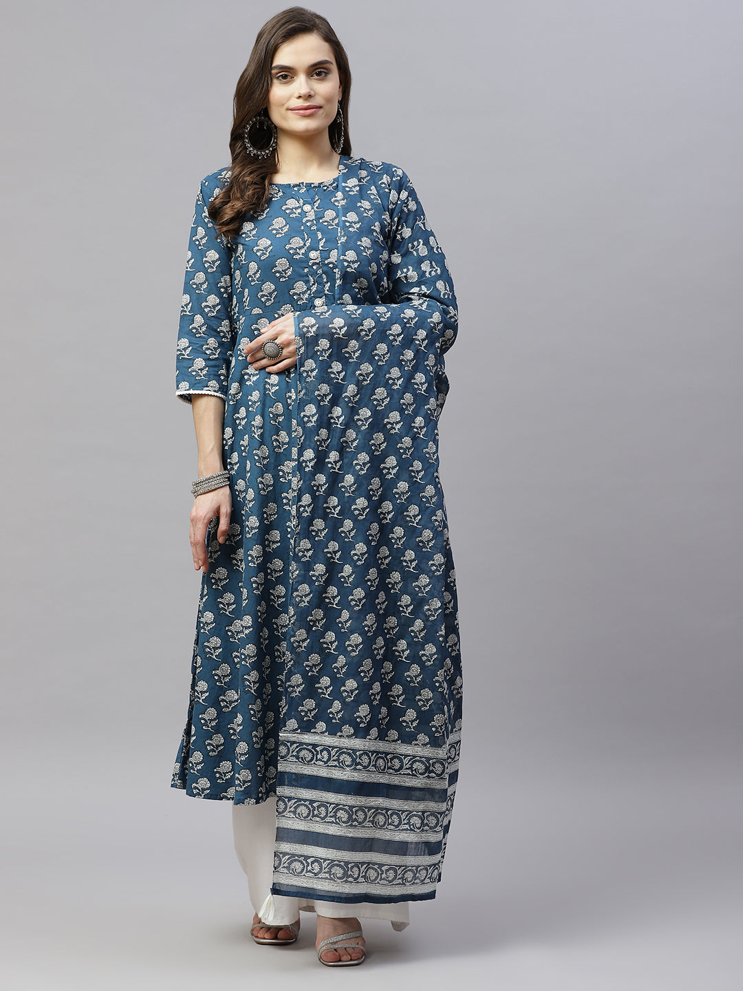 Women's Cotton Floral Print Anarkali Kurta With Dupatta - Miravan