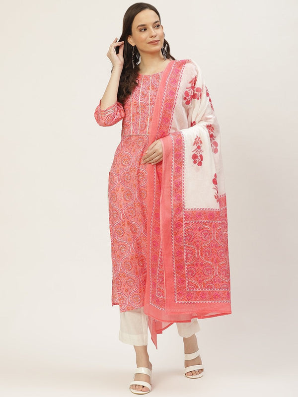 Women's Pink Printed & Embroided Kurta with Trousers & Dupatta (3pc) - Maaesa