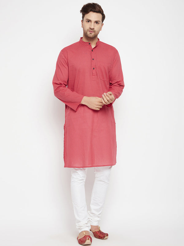 Men's Rust Color Long Kurta with Band Collar - Even Apparels