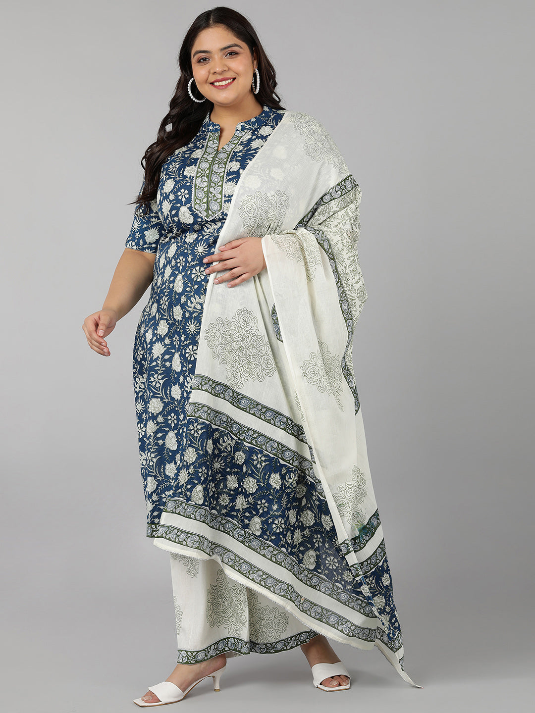 Women's Cotton Printed Straight Kurta Set (Navy) - Kipek