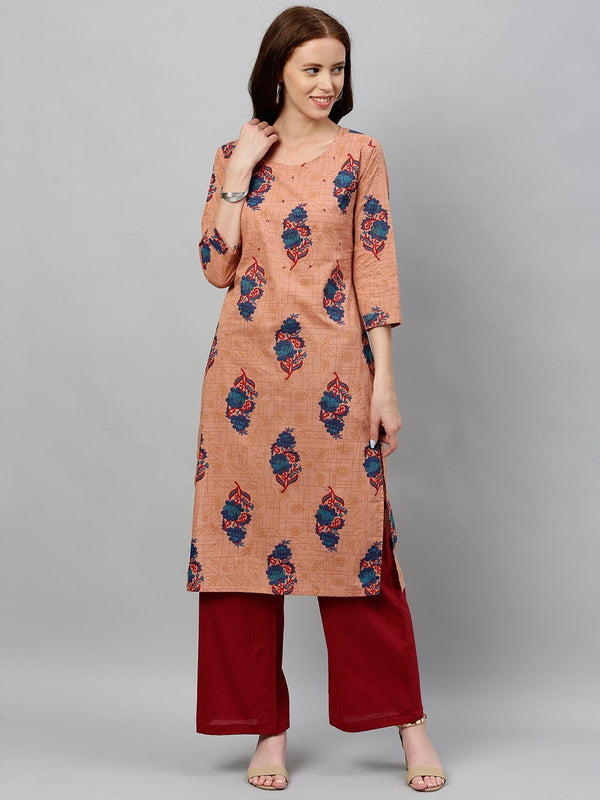 Women's Foral Printed Cotton Blend Fabric Kurta & Palazzo Set Brown Color - Kipek