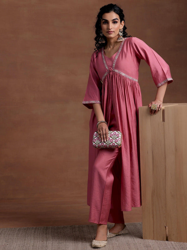 Peach Solid Silk Blend A-Line Kurta With Trousers - Jashvi