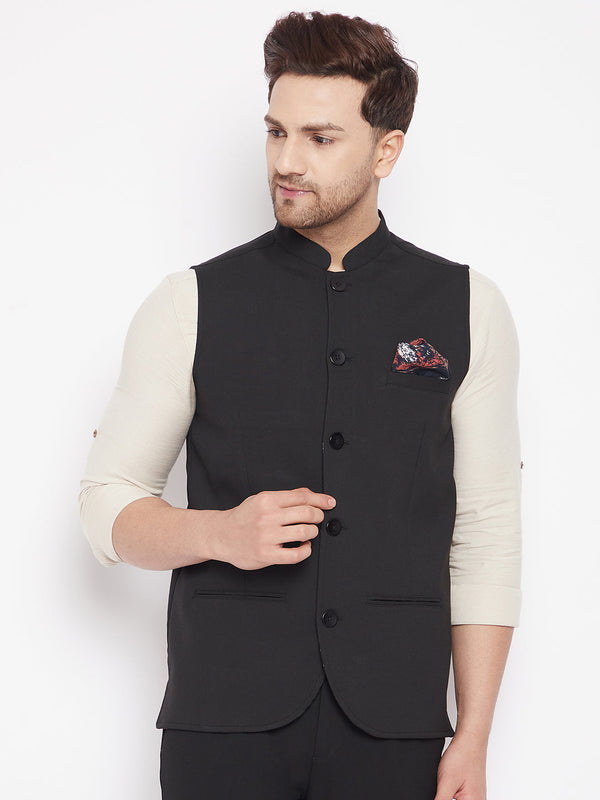 Men's Black Color Nehru Jacket-Contrast Lining-Inbuilt Pocket Square - Even Apparels