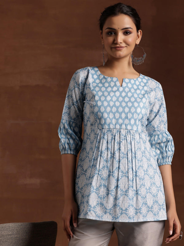 Blue Printed Cotton Straight Kurti - Jashvi