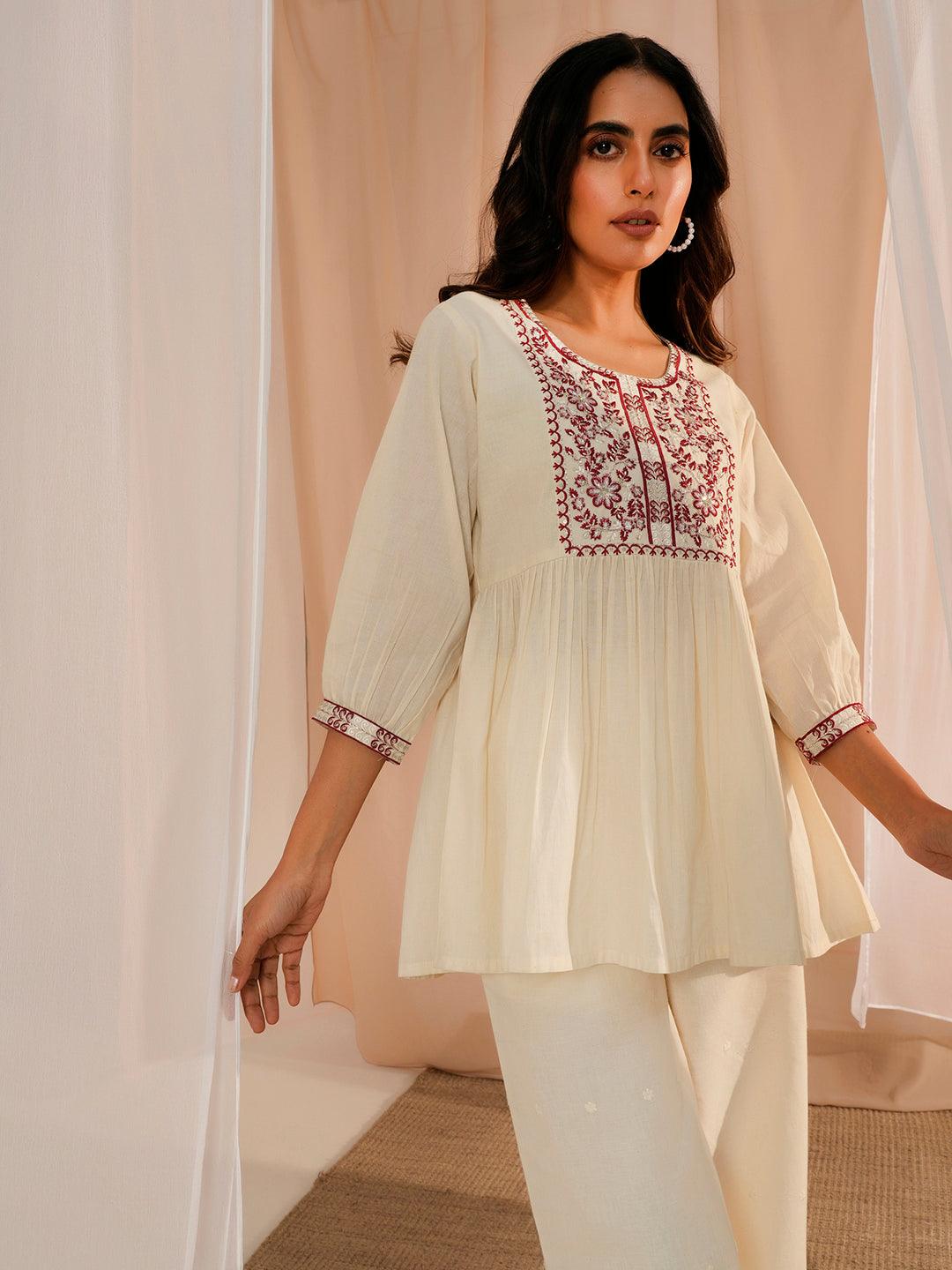 Off White Yoke Design Cotton A-Line Kurti - Jashvi