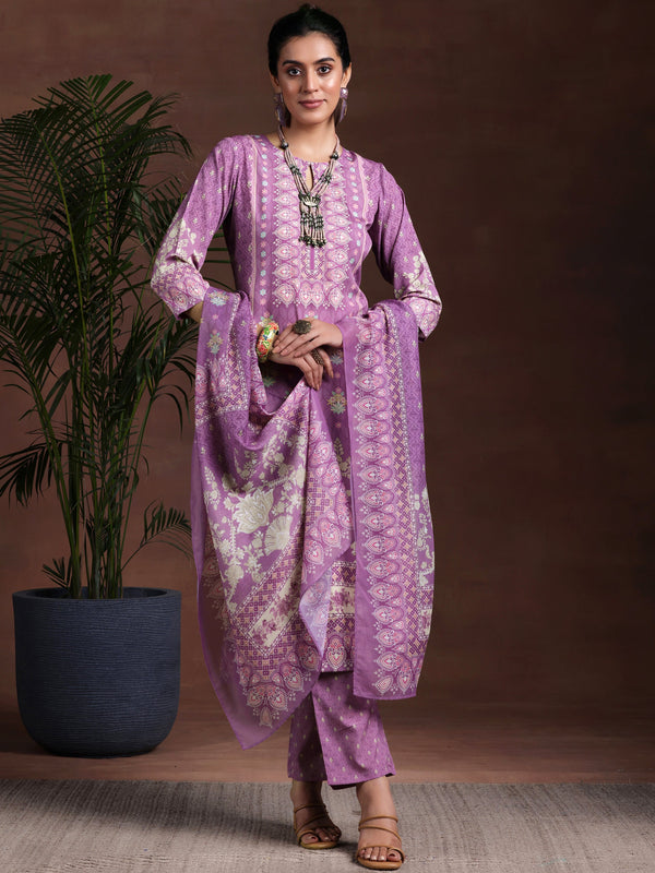 Purple Printed Poly Crepe Straight Suit With Dupatta