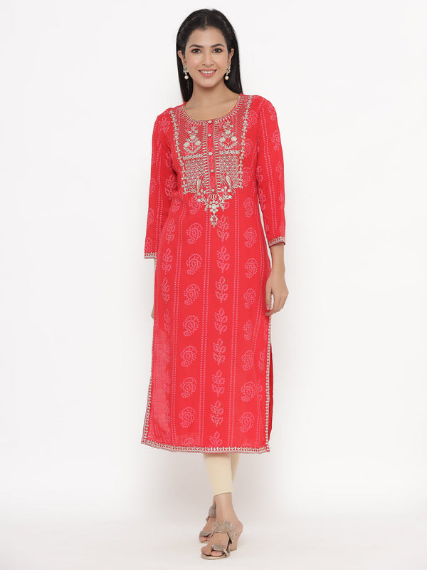 Women's Self Desgin Rayon Fabric Straight Kurta Red Color - Kipek