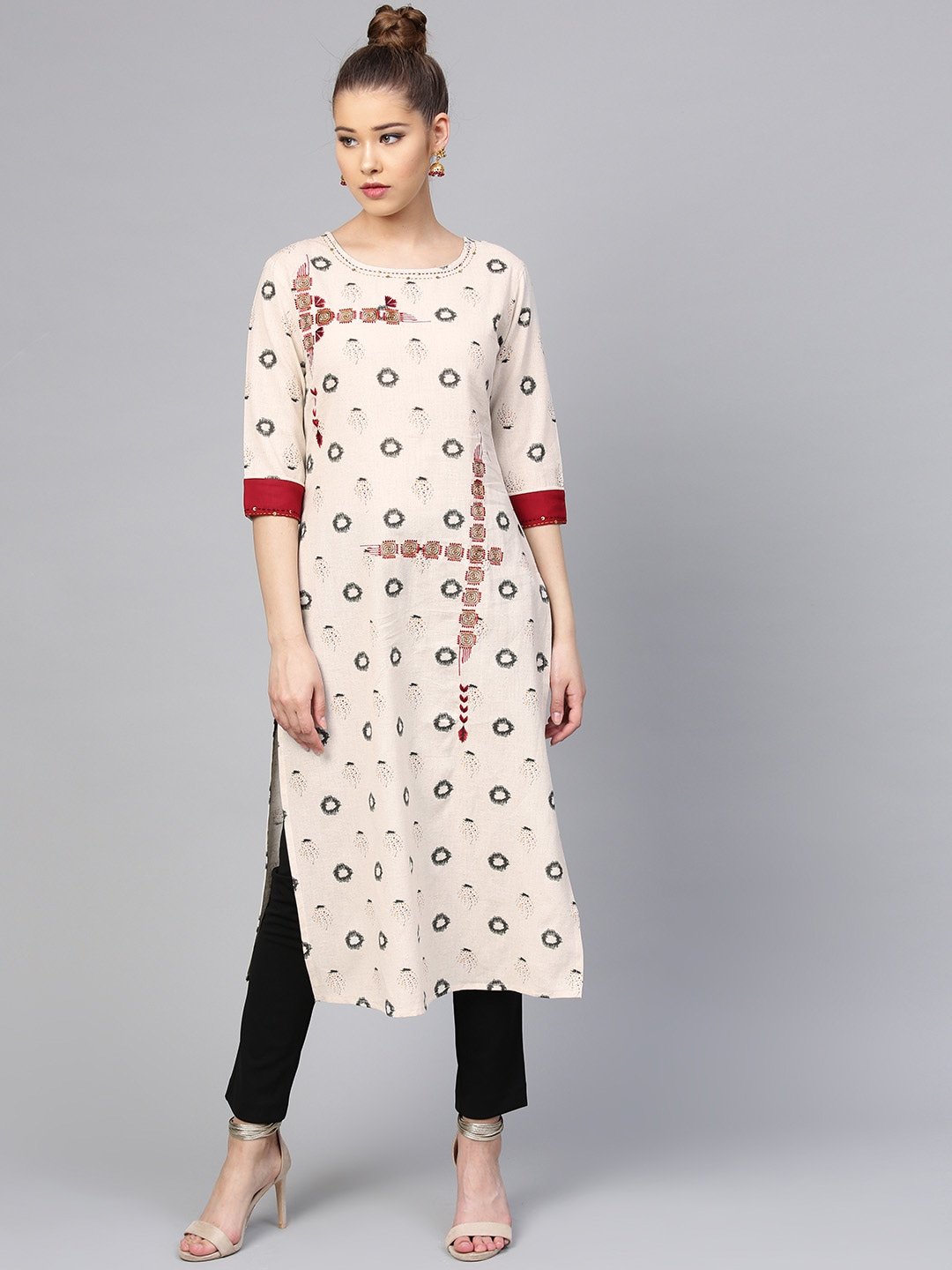 Women's Off-White & Grey Straight Kurta - Yufta