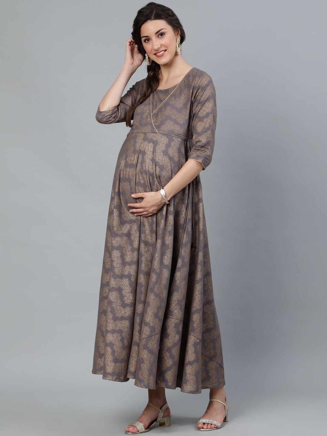 Women's Grey gold Printed Maternity Maxi - AKS