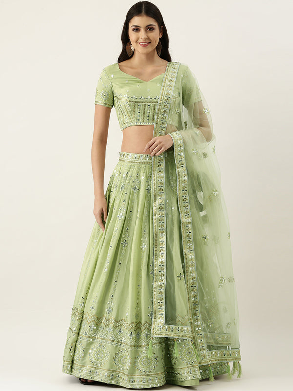 Women's Pista Green Pure Georgette Embroidered Lehenga & Blouse, Dupatta - Royal Dwells